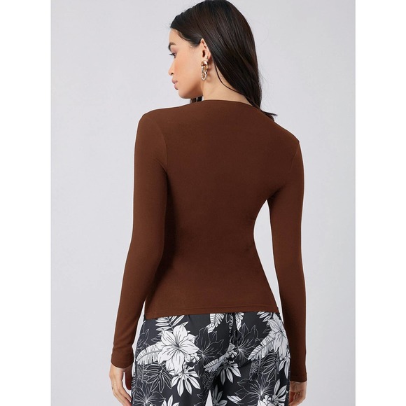 Square Neck long sleeve fitted Top tan - Picture 4 of 11